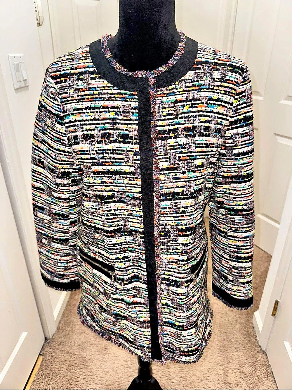 Ann Taylor Multicolor Tweed Zip Jacket with Black Trim